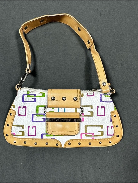 Guess Handbags - GUESS White Multicolor Logo Shoulder Bag with Tan Trim and Studs